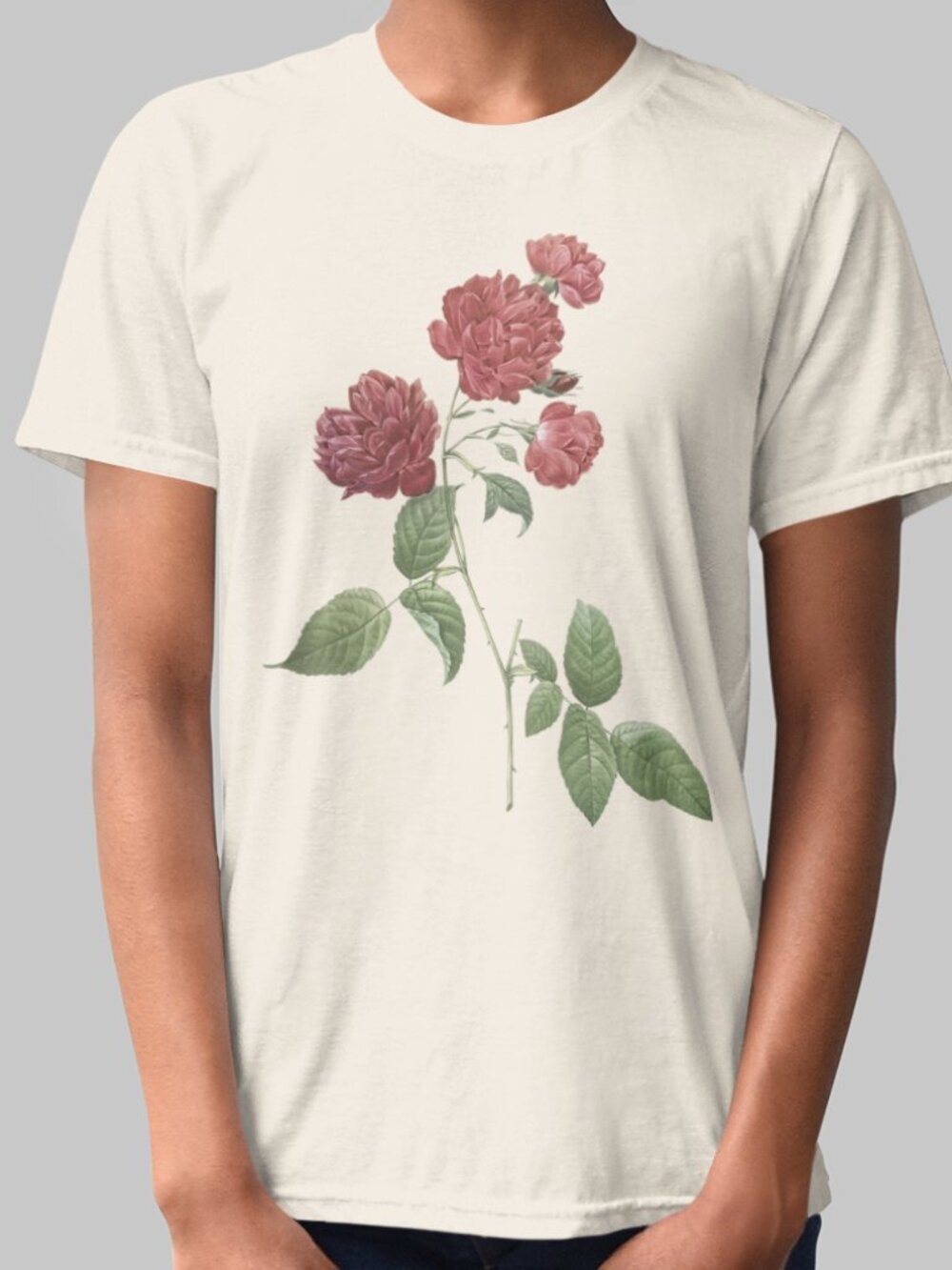 Red Cabbage Rose Vintage Floral Print Short Sleeve Graphic Tee T-shirt S-XXL